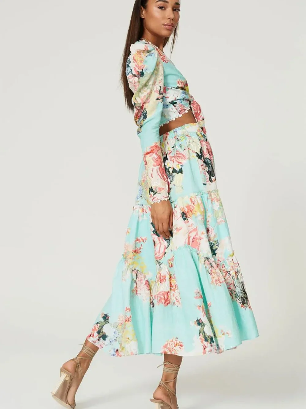 HEMANT & NANDITA SAGE Midi SKIRT Floral w/ embroidery tiered ruffle turquoise LG